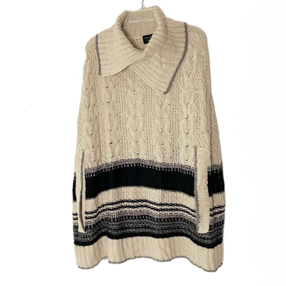 Cliche Couture Wool Blend Chunky Cable Knit Poncho Cream Gray Black